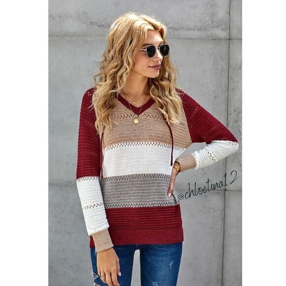 Color Block Knit Pullover Hoodie - blush mix - Picture 10 of 12